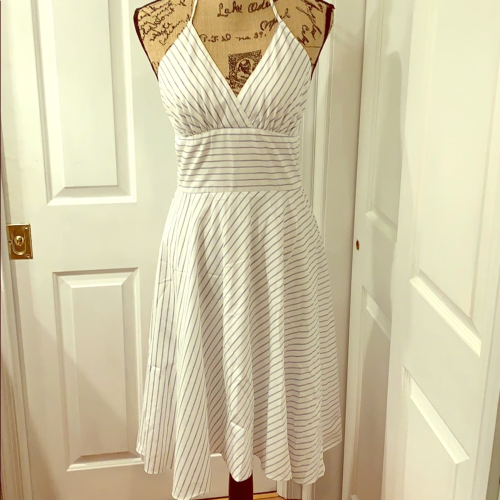 White & Blue Pinstriped Halter Dress